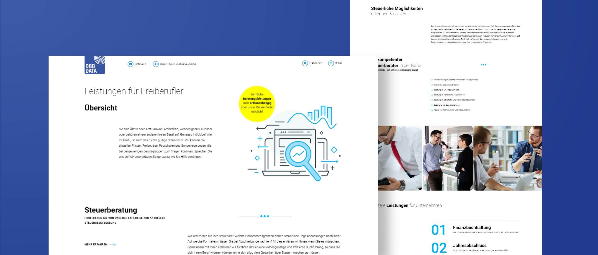 Verschiedene Ansichten der Webseite für DBB Data