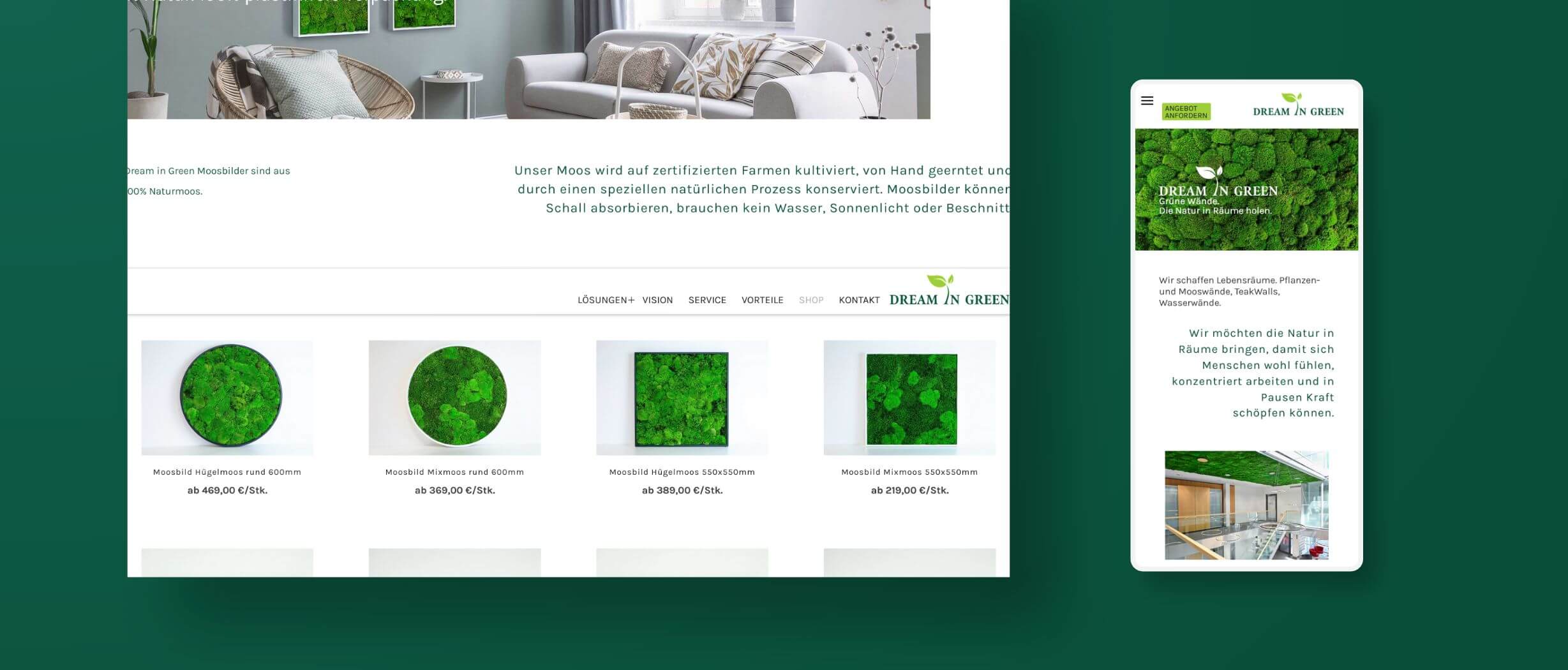 verschiedenen Ansichten des Onlineshops Dream in Green