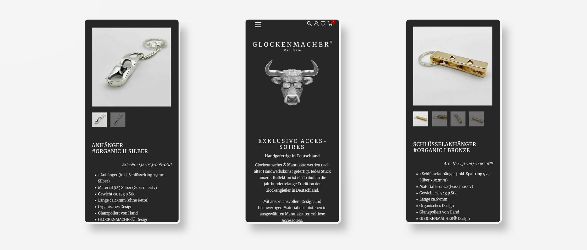 verschiedenen mobile Ansichten des Onlineshops für Glockenmacher