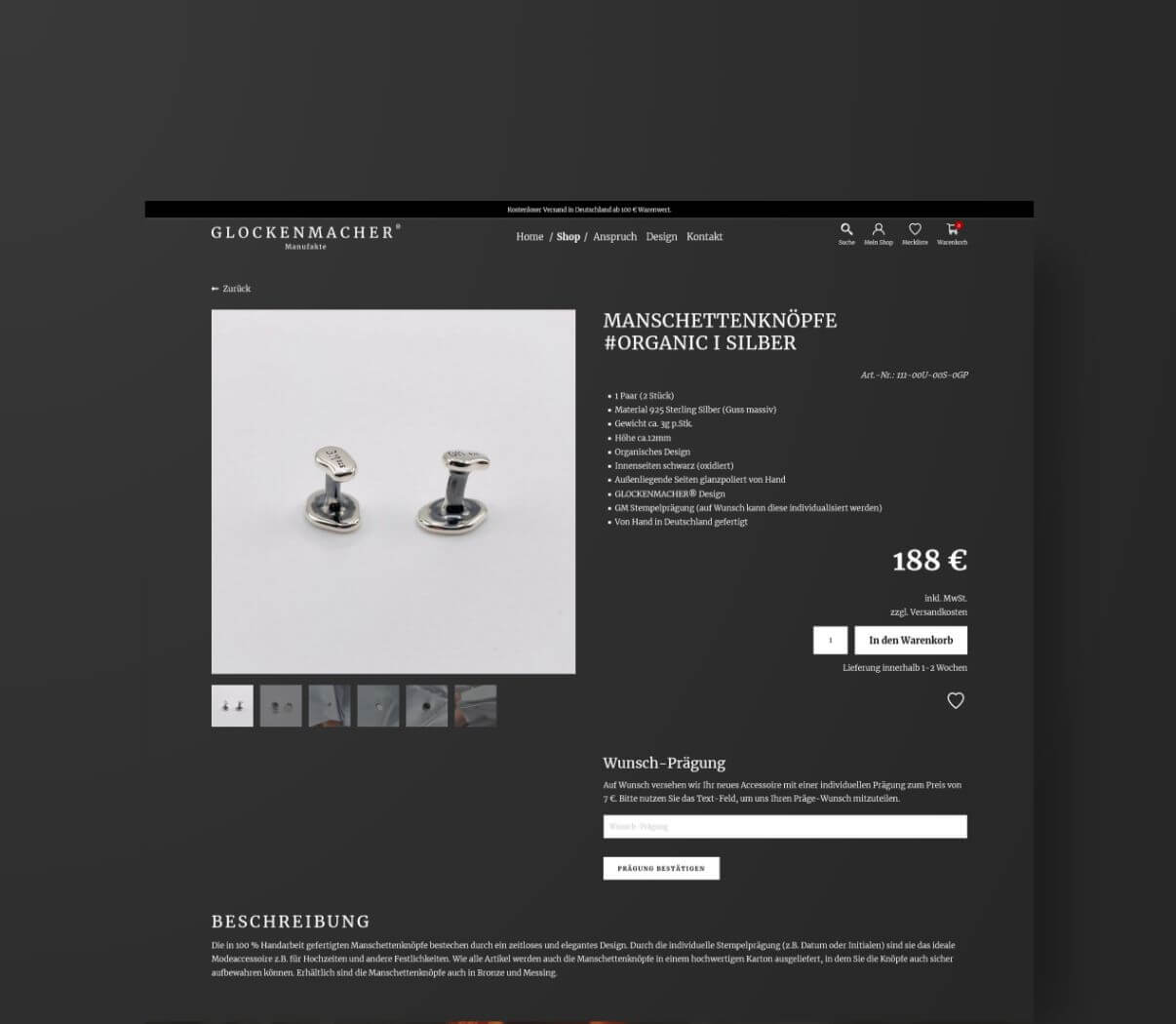Produktdetailansicht des Onlineshops