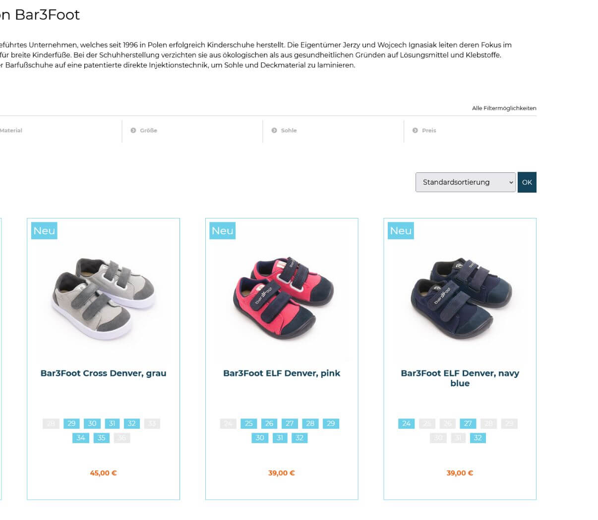Produktübersicht des Onlineshops für Kinderschuhe