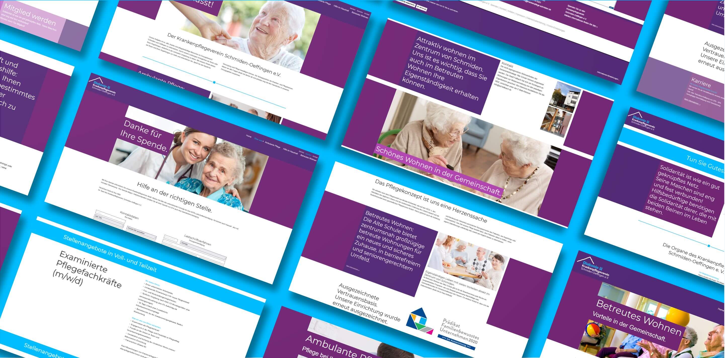 verschiedenen Ansichten der Webseite für Krankenpflege
