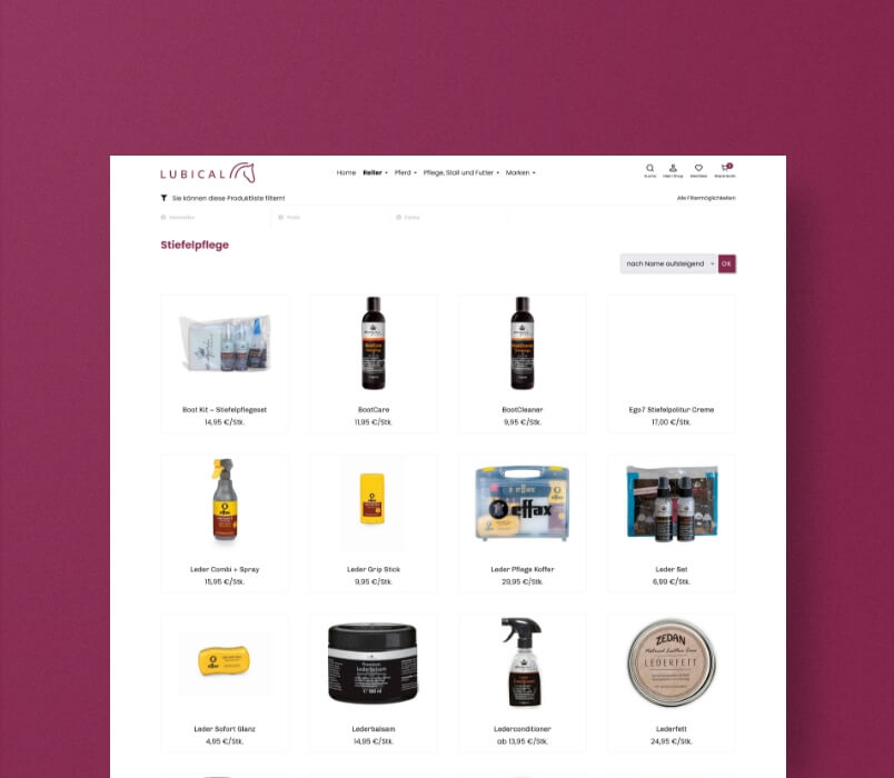 Produktübersicht des Onlineshops für Reitsport