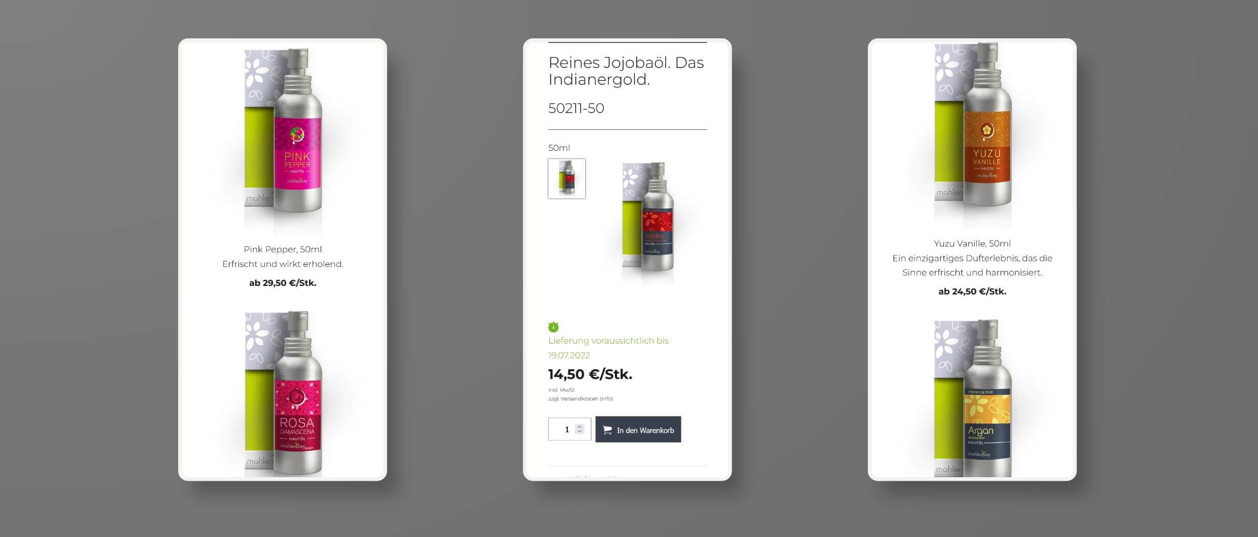 mobile Ansichten des Onlineshops