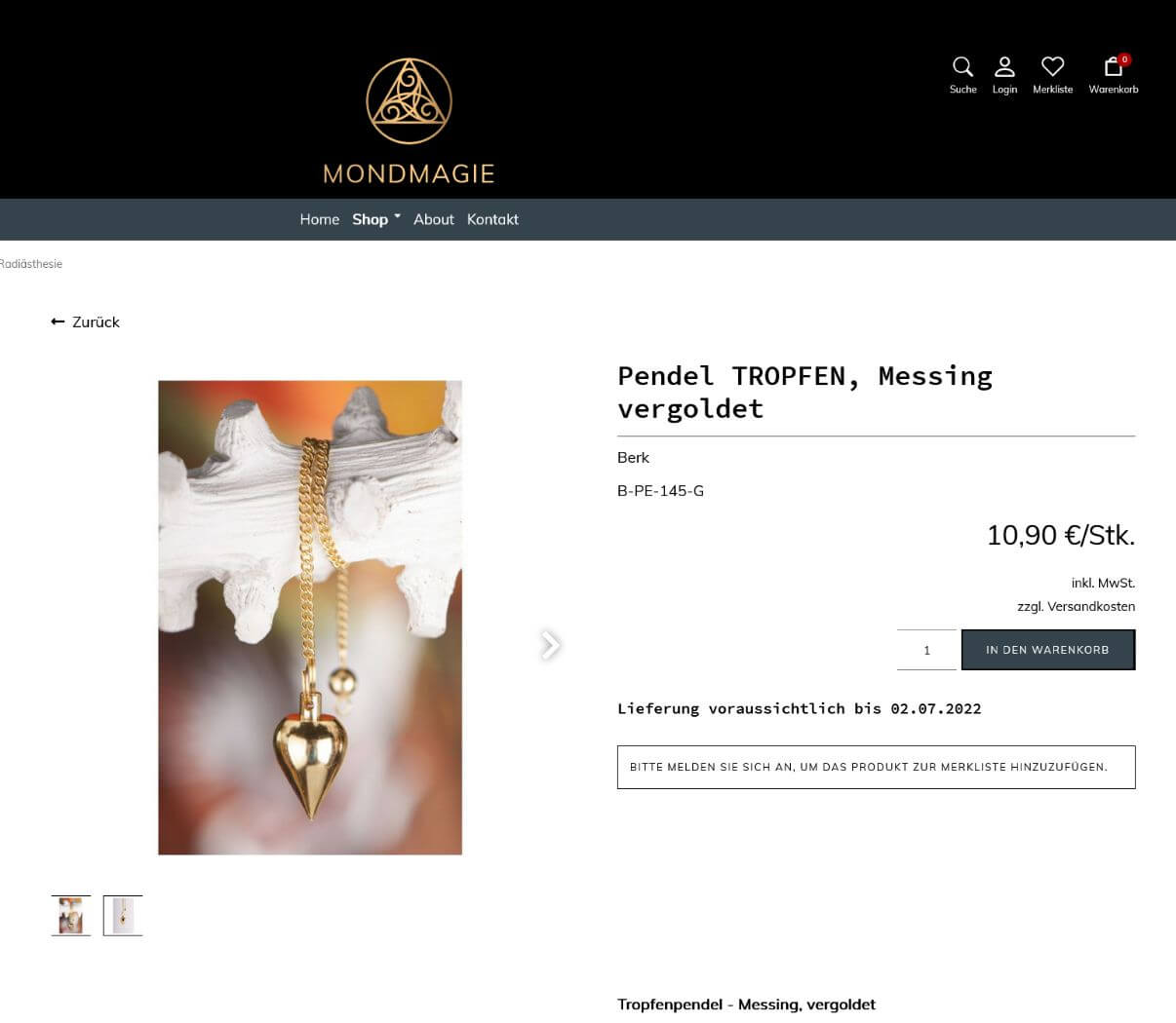 Produktdetailansicht des Onlineshops in Contao