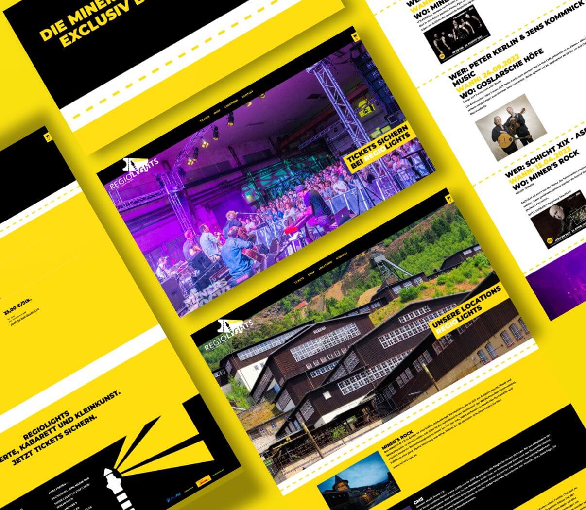 Verschiedene Ansichten der Webseite für Events, Locations und Veranstaltungen