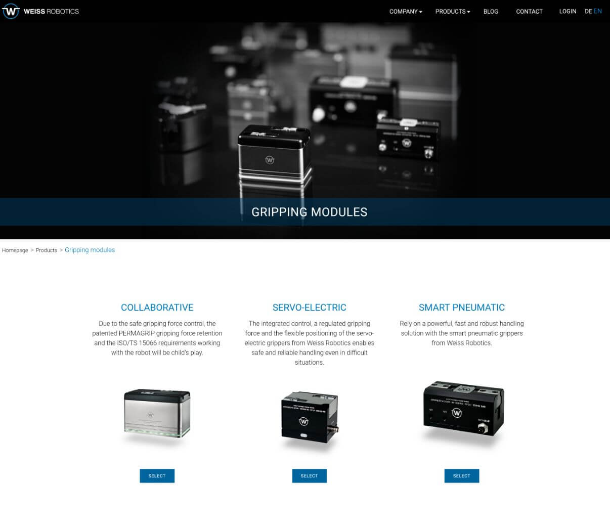 Ansicht der Webseite von Weiss Robotics